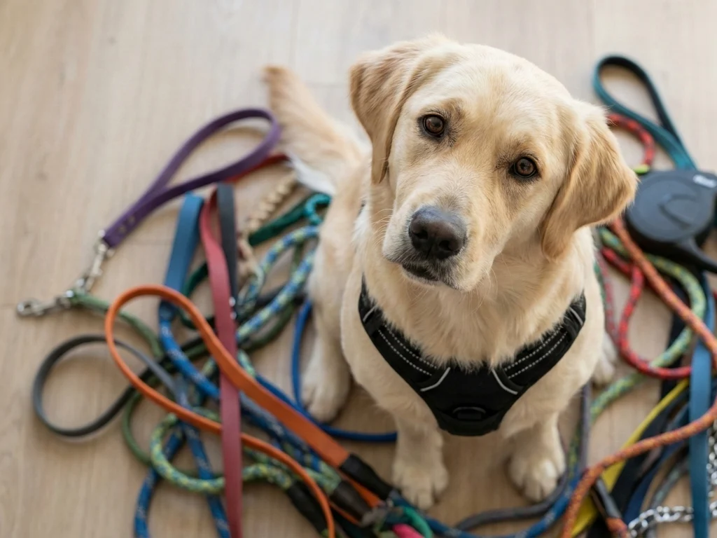 Foto eines cremefarbenen, sehr süßen Hundes mit leicht schräg gelegtem Kopf und verwirrtem Blick, von schräg oben aufgenommen. Er sitzt auf hellem Holzboden, trägt ein dunkles Geschirr und ist von vielen bunten Hundeleinen verschiedener Arten und Längen umgeben, während er direkt in die Kamera schaut.
