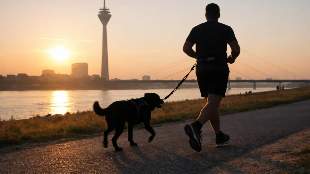 Ein Jogger läuft bei goldenem Sonnenuntergang am Rheinufer in Düsseldorf mit seinem Hund an einer Joggingleine; beide erscheinen als dunkle Silhouetten auf dem Uferweg, der Rhein glitzert im Gegenlicht und im Hintergrund ragt der Rheinturm über die Skyline.