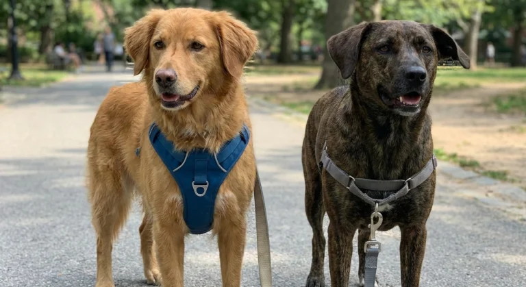 Zwei Hunde tragen verschiedene Varianten eines Anti-Zug-Geschirrs auf einem Parkweg – Vergleich von Front-Clip-System und festziehendem No-Pull-Geschirr.