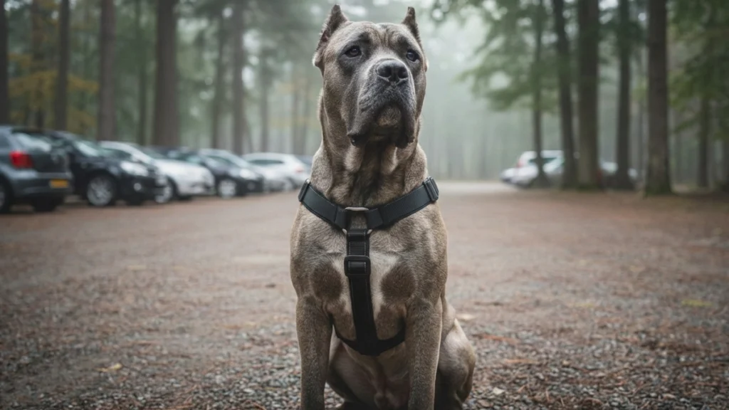Cane Corso mit Anti-Zieh-Geschirr (No-Pull Hundegeschirr) sitzt auf einem Waldparkplatz – Anti Zug Geschirr für Hunde
