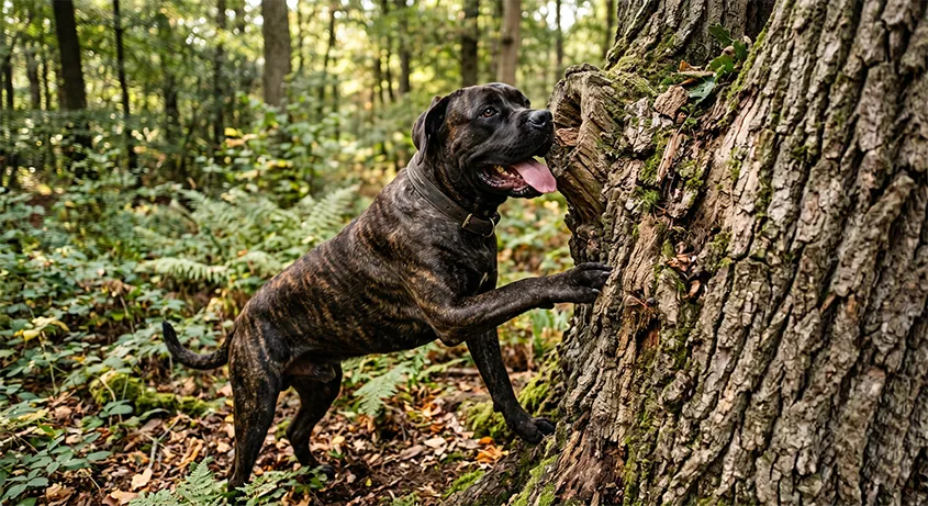 Ein Cane Corso sucht in einem Waldstück konzentriert nach einem Leckerli in einem Baum. Gezielte Suchspiele helfen Hundehaltern mit ADHS, beim Gassi gehen aktiv im Moment zu bleiben. Bild aus dem Blog von Patrick Gruben, Hundetrainer für Düsseldorf und Umgebung.