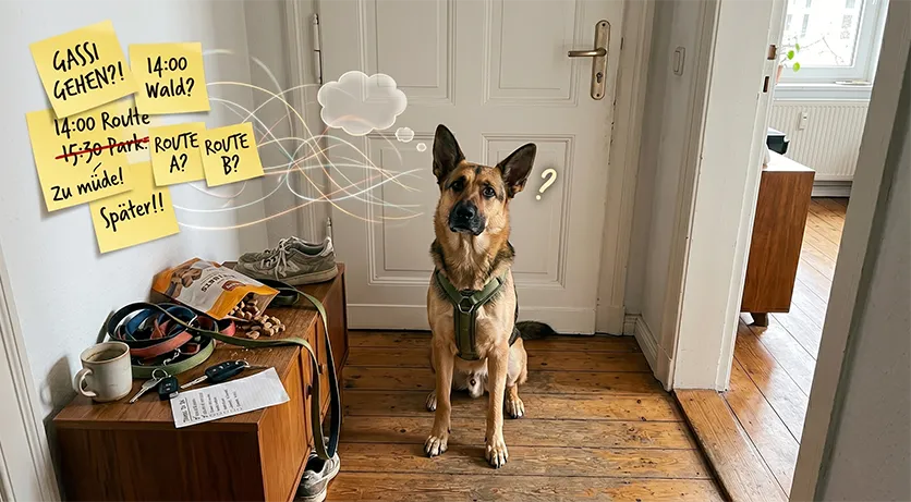 Authentisches Foto eines Schäferhund-Mischlings in einem chaotischen Flur, der fragend nach oben blickt. Chaotische Post-it-Notizen über ihm mit handschriftlichen Planungsschleifen visualisieren das Overthinking bei ADHS. Illustriert einen Artikel von Patrick Gruben, Hundetrainer für Düsseldorf und Umgebung zur Hundehaltung mit ADHS.