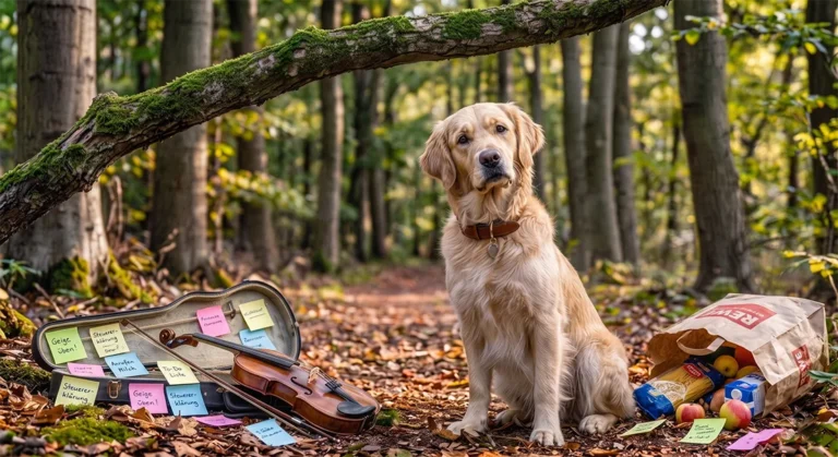 Ein Golden Retriever sitzt mit fragendem Blick im Wald zwischen einer Geige voller Post-It-Zettel und einer umgekippten Einkaufstüte. Artikelbild von Patrick Gruben, Hundetrainer für Düsseldorf und Umgebung.