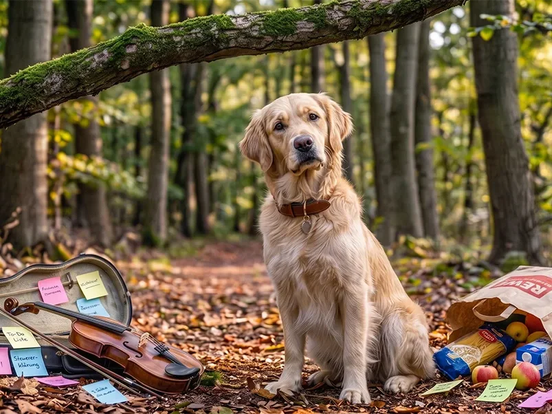 Ein Golden Retriever sitzt mit fragendem Blick im Wald zwischen einer Geige voller Post-It-Zettel und einer umgekippten Einkaufstüte. Artikelbild von Patrick Gruben, Hundetrainer für Düsseldorf und Umgebung.